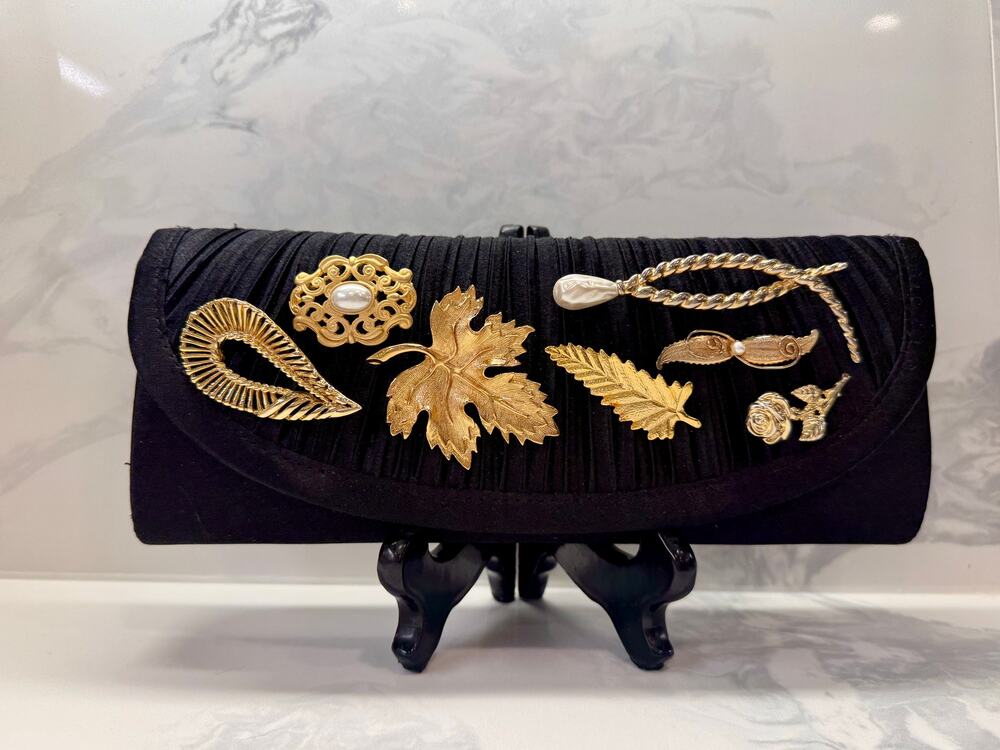 Vintage Gold Leaf Pearl Brooch Cluster Black Satin Evening Clutch Statement Bag